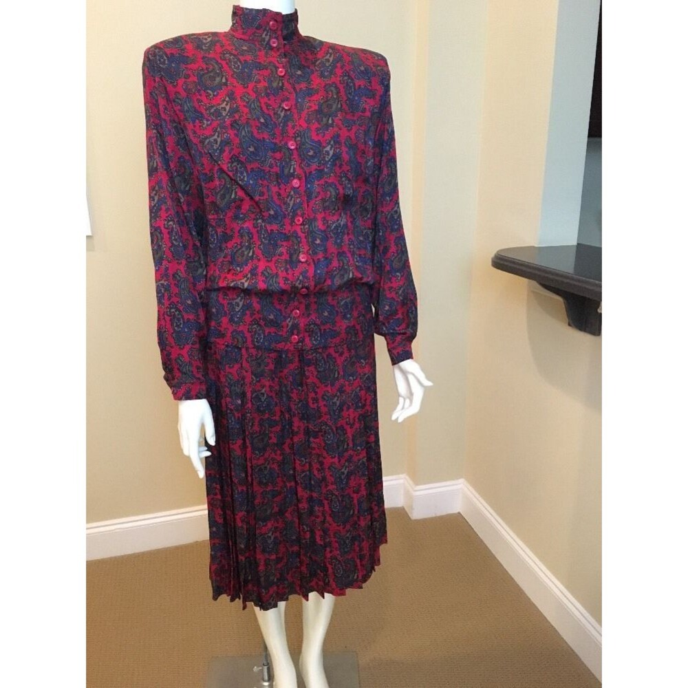 Vintage 80's Scherrer Boutique Paris Silk Print Two Piece Pleats Size 40